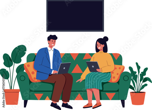 Man and woman working remotely on laptops sitting on green patterned sofa with indoor plants in modern office room