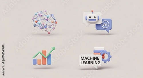 AI and Machine Learning Concepts Represented as 3D Rendered Icons