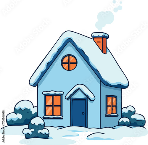 Snow covered small blue house with chimney and glowing windows in winter landscape vector illustration