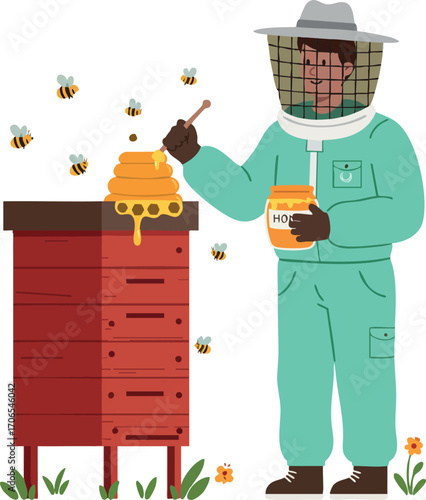 Beekeeper collecting honey from hive wearing protective suit and hat with bees flying around in garden environment vector illustration