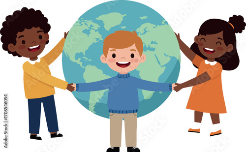 Children holding globe together promoting unity and friendship in diverse world vector illustration