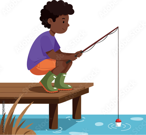 Boy fishing on wooden pier wearing purple shirt and green boots vector illustration outdoor activity leisure hobby