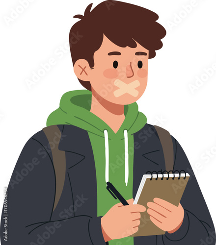 Young man with taped mouth writing on notebook in thoughtful pose vector illustration