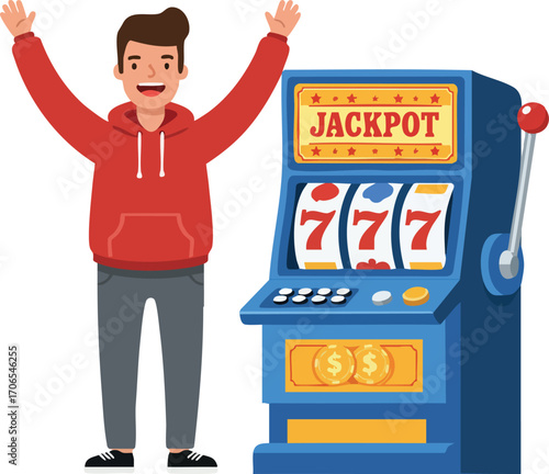 Man celebrating jackpot win on slot machine happy gambler excited casino player vector illustration