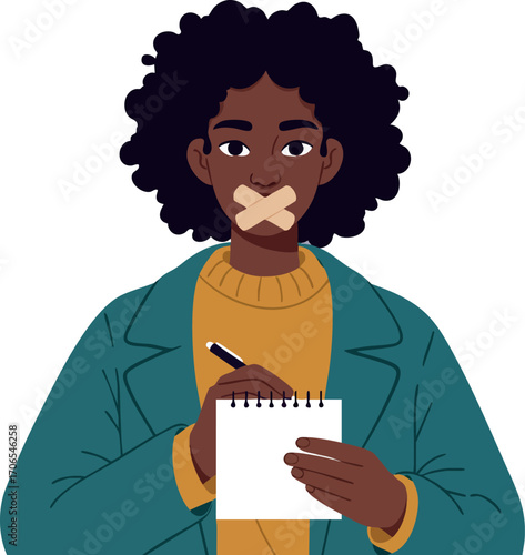 Woman with taped mouth holding notebook and pen expressing censorship and freedom of speech concept vector illustration