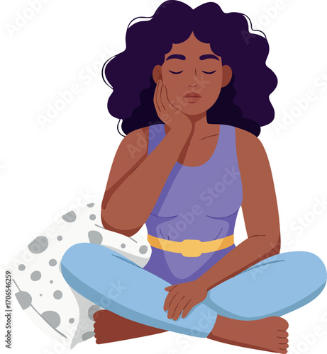 Woman Sitting Cross Legged Resting Head on Hand Tired Expression Vector Illustration