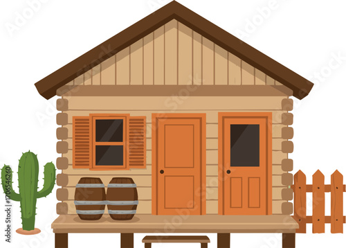 Rustic wooden cabin with orange doors shutters barrels and cactus in desert style vector illustration