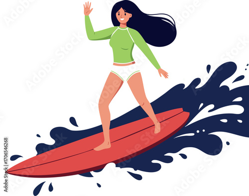 Woman surfing on red surfboard riding ocean wave in active summer water sport scene outdoor