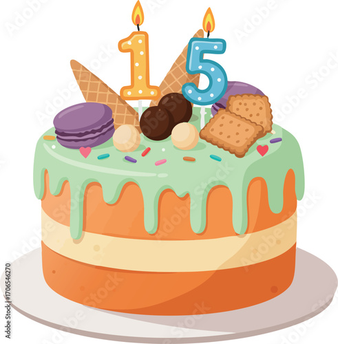 Birthday cake with number 15 candles topped with sweets and macarons in pastel colors vector illustration