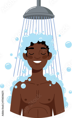 Young man enjoying relaxing shower with soap bubbles and water droplets cleansing skin vector illustration