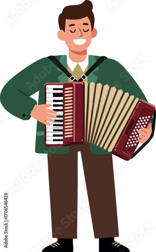 Man playing accordion in casual clothing enjoying music with closed eyes and smile vector illustration