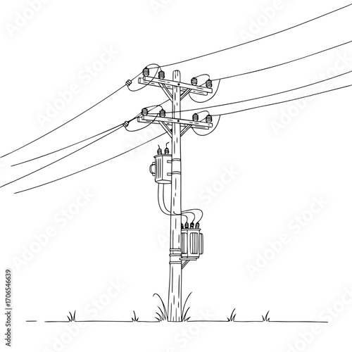Line art drawing of electric pole with transformers and wires. This hand drawn electric pole design features detailed electrical components. Consider this electric pole illustration for presentations.