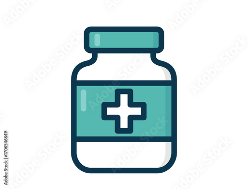 Stylized illustration of pill bottle. Medical and pharmaceutical design element. The bottle symbolizing medication and pharmacy use. Isolated vector image