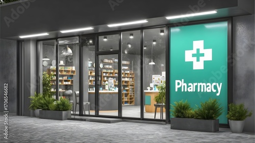 Modern pharmacy exterior with bright signage and organized interior shelves promoting health and wellness in a city setting