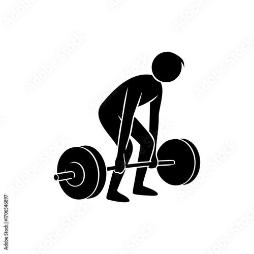 A stick figure is depicted performing a deadlift, a weightlifting exercise, , strength fitness in a minimalist style