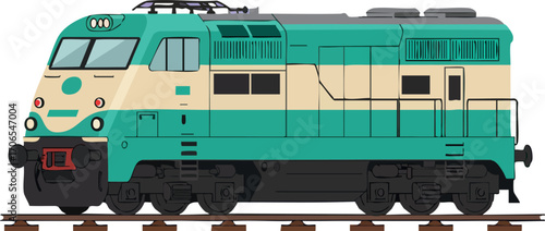 Diesel locomotive train side view vintage design vector illustration with teal and cream colors for transport and travel