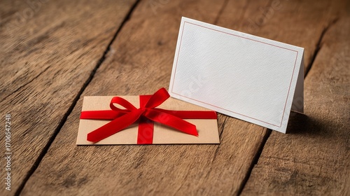 Gift card wrapped with a red ribbon on a wooden surface in a cozy setting