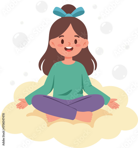 Girl sitting cross-legged on cloud meditating with calm expression in peaceful vector illustration