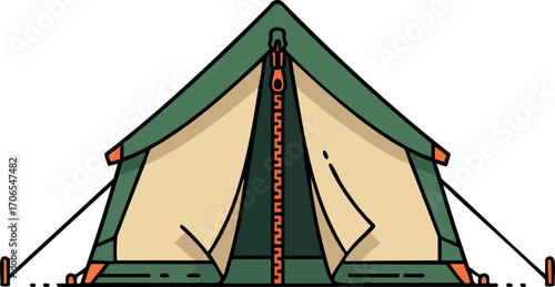 Tent camping gear outdoor shelter green and beige fabric with zipper and stakes for adventure and nature activities