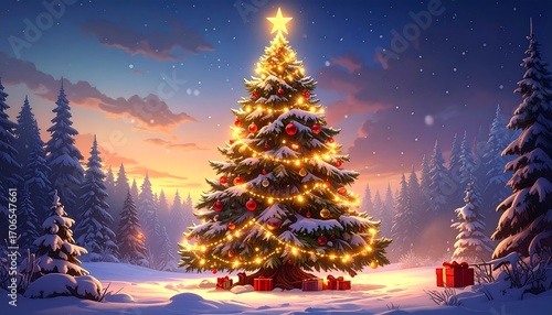 Fototapeta Naklejka Na Ścianę i Meble -  Festive Christmas tree in snowy forest at dawn
