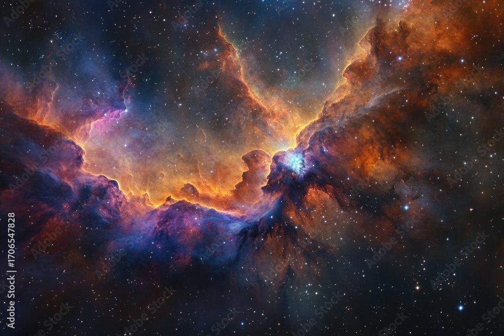 Fototapeta premium A vibrant nebula showcasing cosmic dust and gas clouds illuminated by stars, creating a breathtaking celestial landscape.