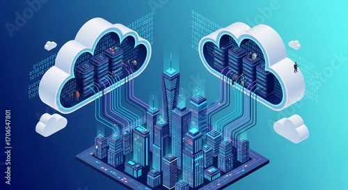 Digital City Skyline and Cloud Connectivity Illustration