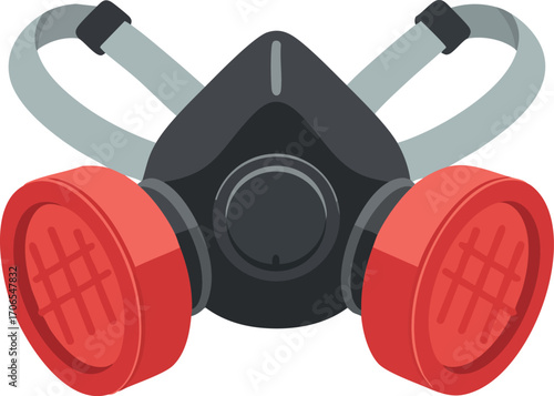 Protective respirator mask with red filters for safety and health protection in hazardous environments vector illustration