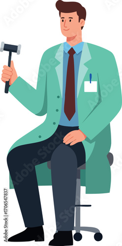 Male neurologist doctor holding reflex hammer sitting on stool medical examination vector illustration