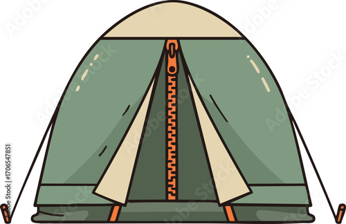 Green camping tent with zipper door and stakes outdoor shelter for hiking and nature adventure vector illustration