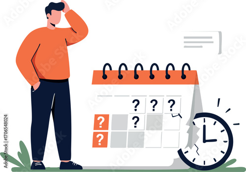 Man standing confused near calendar with question marks and clock time management concept vector illustration