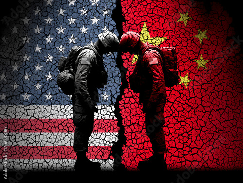 two soldiers one with china flag and other with usa flag