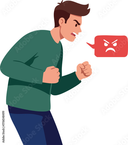 Angry young man expressing frustration with clenched fists and red angry emoji speech bubble vector illustration