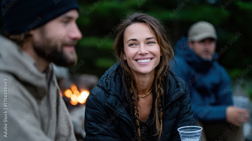 Obraz premium A woman joyfully interacts with friends at a campfire, surrounded by nature, emphasizing the importance of happiness and friendship during outdoor adventures.