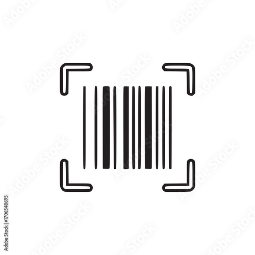 Vector art of a minimalist line art illustration of a barcode scanner, , featuring a barcode surrounded by a square frame with corner brackets, symbolizing scanning technology and data capture