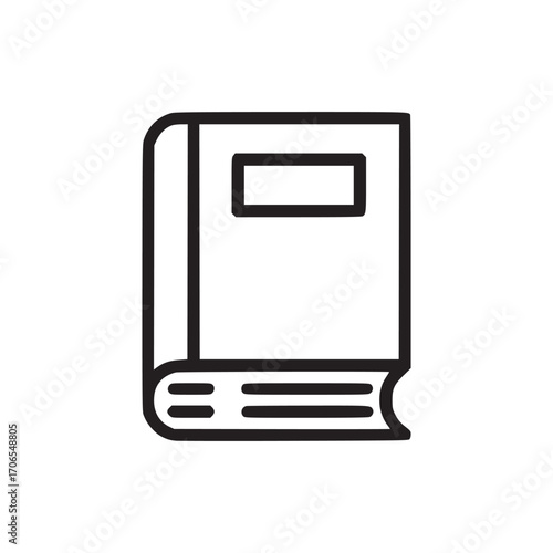 Vector art of a minimalist line art illustration of a closed book, , featuring a simple cover with a rectangular label and visible pages, symbolizing knowledge, education, and literature