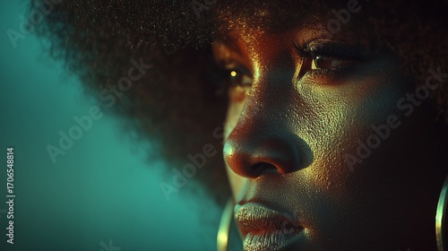 Dramatic close-up of woman with afro hair in artistic lighting