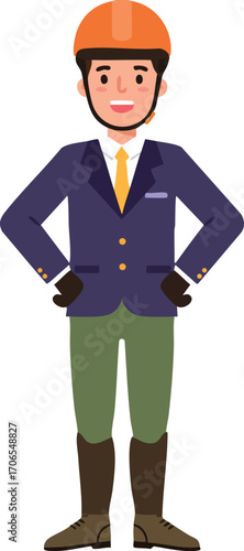 Young man wearing equestrian outfit with helmet and riding boots standing confidently vector illustration