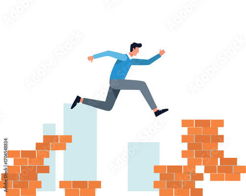 Man jumping over brick wall obstacle in urban setting overcoming challenges vector illustration