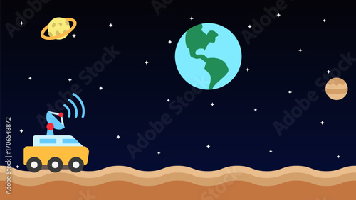 A space rover transmits signals from extraterrestrial research to Earth. Vector eps 10 for education, science background.