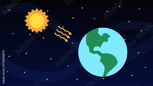Illustration of the sun shining its rays on the earth, with a background of space stars. Vector for education, science and technology.