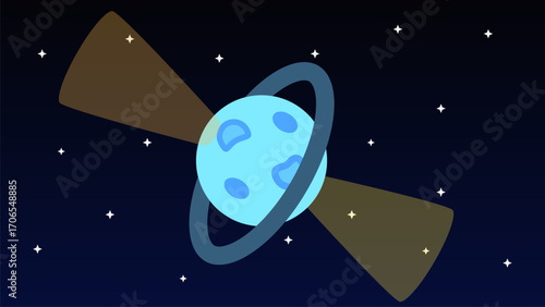 Illustration of a planet in the solar system emitting cosmic light, Solar Beacon. Vector background for education, science and technology.