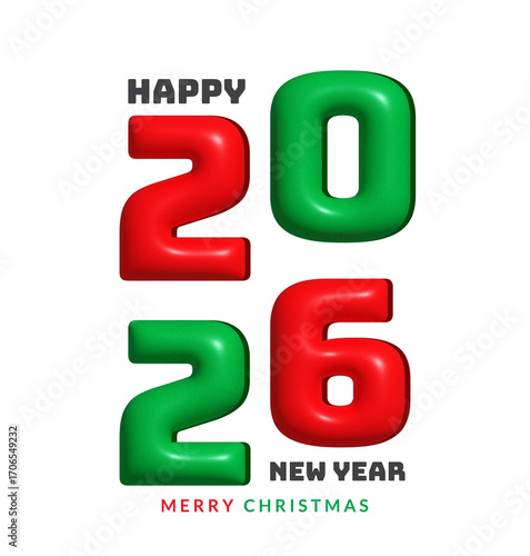 Happy 2026 New Year Christmas PNG Red Green 3D Text on White Background Festive Holiday Greeting Graphic Design