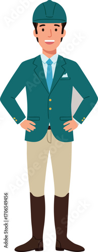 Equestrian man standing confidently in riding outfit with helmet jacket and boots in vector style