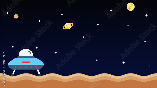 Illustration of a UFO landing on a planet, with a background of space, planets and stars. Vector for science fiction, education and technology.