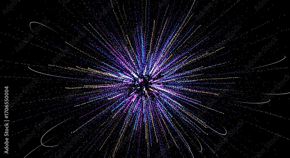 Obraz premium Exploding vibrant cosmic nebula bursts with shimmering stardust trails against a deep black infinite universe canvas, evoking wonder and discovery.