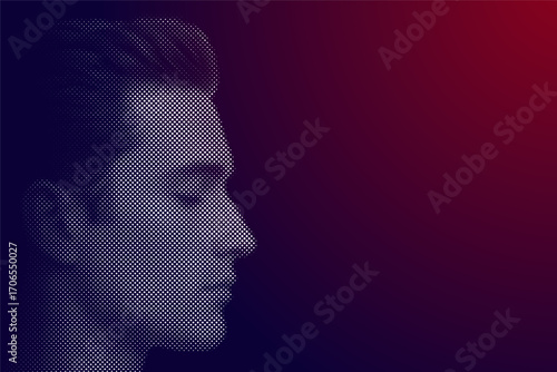 Vector design of a man looking to the side with his eyes closed created with small diamonds with space for text or advertising.