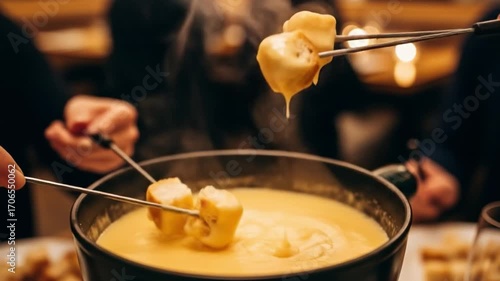 A cheese fondue pot with bread cubes on skewers surrounded by diners