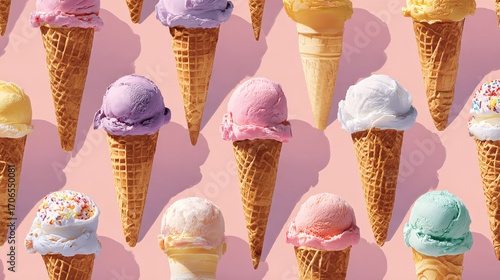 Ilustración digital de conos de helado en patrón sobre fondo rosa pastel, visual artístico y atractivo
