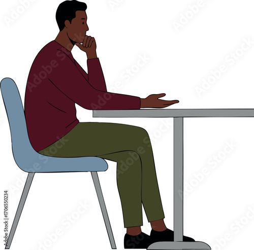 Young man sitting on chair thinking and explaining gesture at table in casual clothes vector illustration
