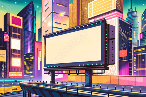 Futuristic cyberpunk cityscape with giant white empty billboard glowing neon lights illustration vector, skyscraper skyline, urban night scene, digital advertising mockup, modern sci-fi background